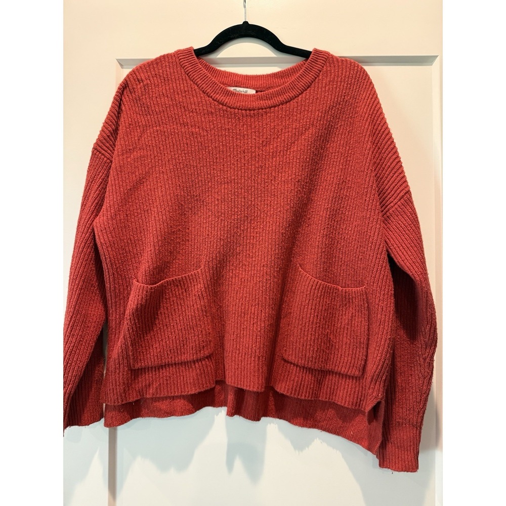 Madewell Women's Red Solid Knit Crew Neck Pullover Sweater Pockets XL